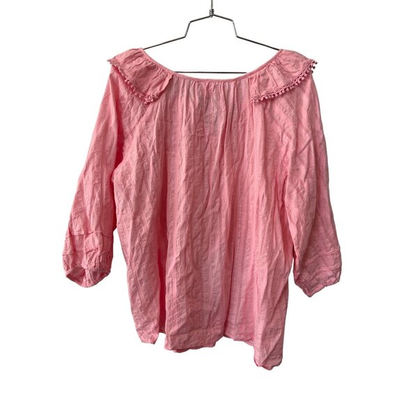 Hester and Orchard Blouse Size XL Metallic Ruffle Pom Pom Quarter Sleeve Peasant - Picture 2 of 6